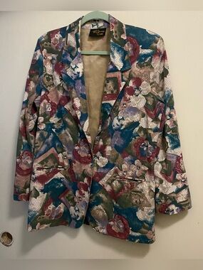 Vintage Toni Garment CC Magic Blazer Jacket L 42” Jewel Tone Watercolor Print